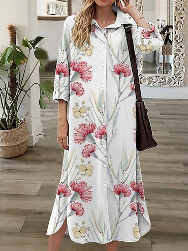 

V Neck Floral Casual Dress, White, Dresses