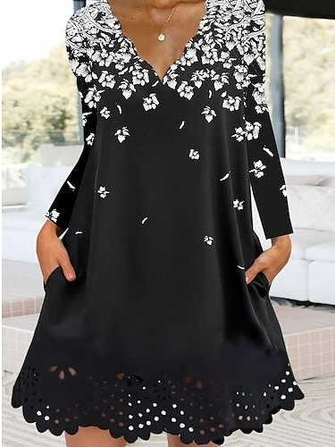 

Casual Floral V Neck Loose Dress, Black, Dresses