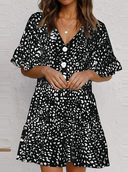 

V Neck Loose Polka Dots Casual Dress, Black, Dresses