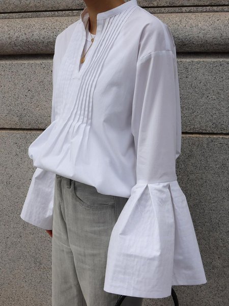 

V Neck Loose Plain Simple Urban Blouse, White, Blouses and Shirts