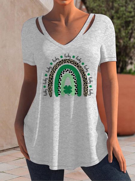 

Text Letters Casual V Neck T-Shirt, Light gray, T-Shirts
