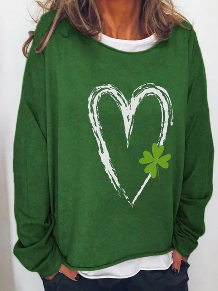 

Four-Leaf Clover Casual Loose Crew Neck T-Shirt, Green, T-Shirts