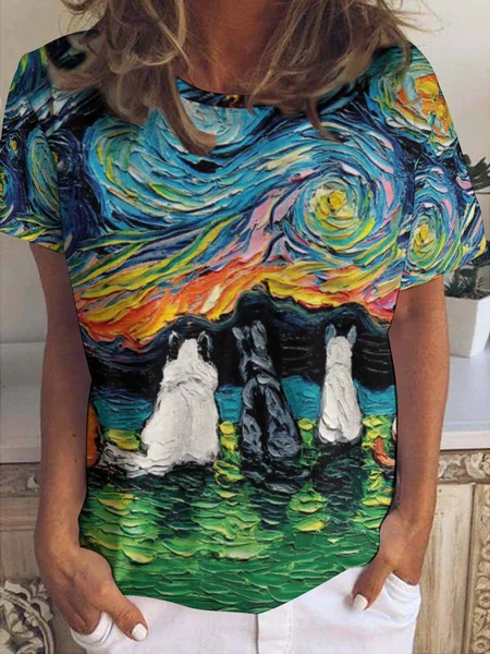

Women's Dog Lover Art Print Casual Crew Neck T-Shirt, As picture, T-shirts