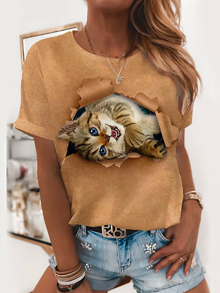 

Crew Neck Loose Cat Casual T-Shirt, Brown, T-Shirts