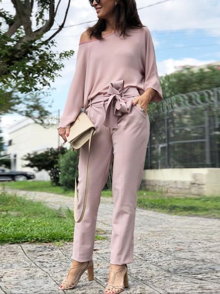 

Loose Crew Neck Elegant Two-Piece Set, Dark pink, Tops