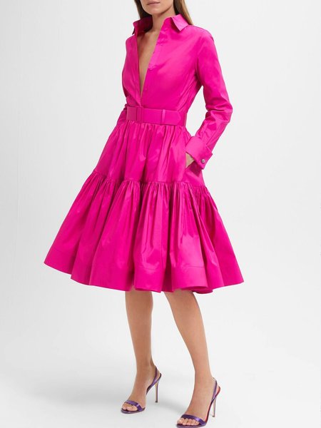 

Plain Shirt Collar Pockets Elegant Dress, Rose red, Midi Dresses