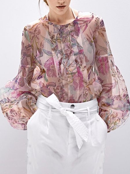 

Loose Elegant Crew Neck Floral Blouse, Flower, Blouses and Shirts