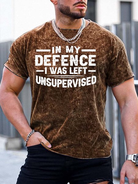 

Men’s In My Defence I Was Left Unsupervised Regular Fit Text Letters Casual T-Shirt, Brown, T-shirts