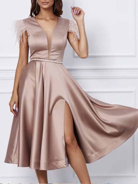 

Party Plain Elegant Regular Fit V Neck Party Dress, Light coffee, Midi Dresses
