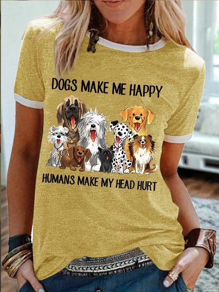 

Women's Dog Make Me Happy Humans Make My Head Hurt Funny Graphic Print Cotton-Blend Casual Crew Neck Regular Fit T-Shirt, Yellow, T-shirts