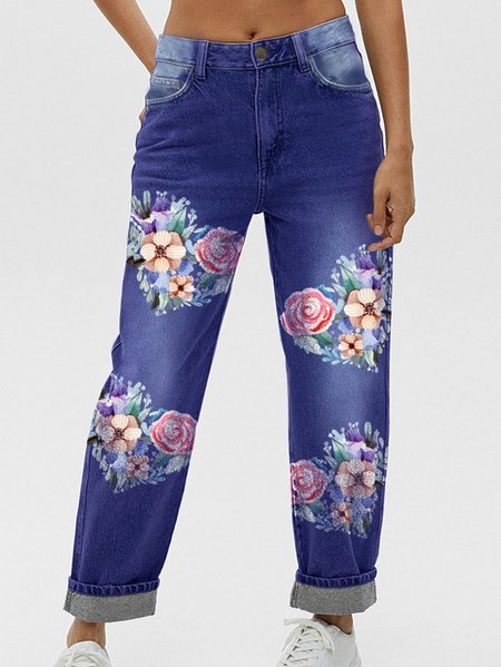 

Womens Valentine's Day Cordate Floral Casual Printed Jeans, Blue, Jeans