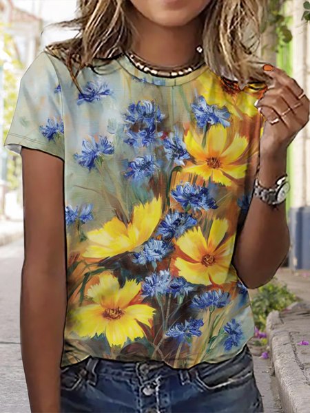 

Women's Crew Neck Simple Floral Loose T-Shirt, Yellow, T-shirts