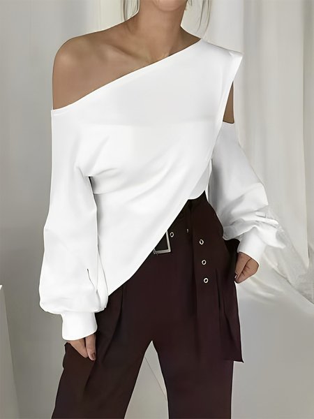 

Asymmetrical Casual Plain Long Sleeve Top, White, Blouses and Shirts
