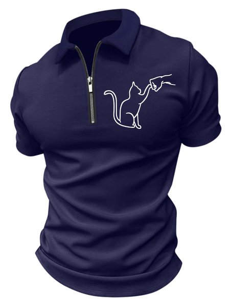 

Men’s Animal Cat And People Pattern Polo Collar Regular Fit Casual Polo Shirt, Deep blue, T-shirts