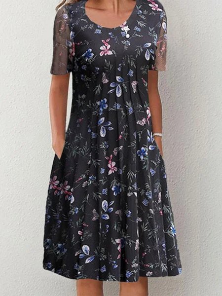 

Floral Crew Neck Loose Dress, Dark blue, Dresses