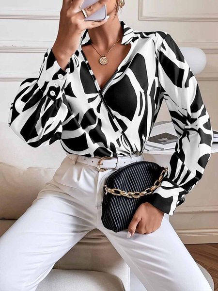 

Long sleeve Regular Fit Elegant Colorblock Blouse, Black, Blouses and Shirts