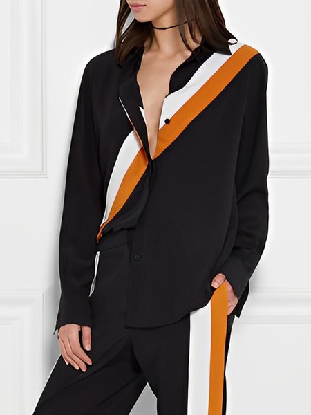 

Shirt Collar Loose Color Block Urban Blouse, Black, Blouses and Shirts