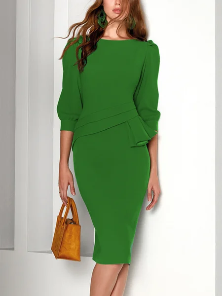 

Elegant Skinny Crew Neck Solid Midi Dress, Green, Midi Dresses