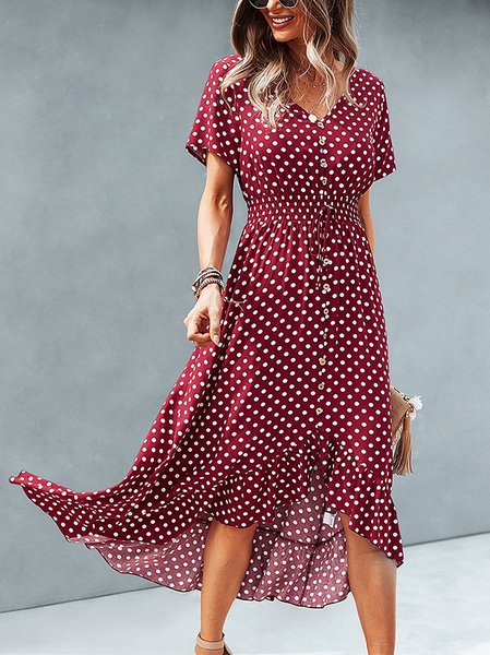 

Regular Fit V Neck Vacation Polka Dots Dress, Red, Dresses