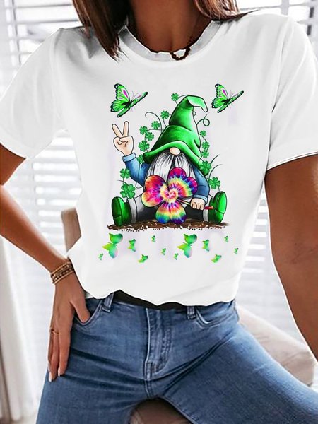 

Crew Neck Knitted Four-Leaf Clover Casual T-Shirt, White, T-Shirts