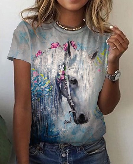 

Casual Loose Crew Neck Horse T-Shirt, Multicolor, T-Shirts