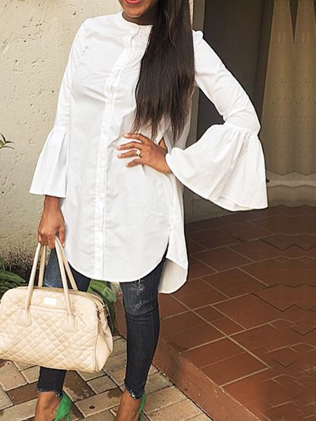 

Stand Collar Long sleeve Urban Loose Plain Mid-long Blouse, White, Blouses and Shirts