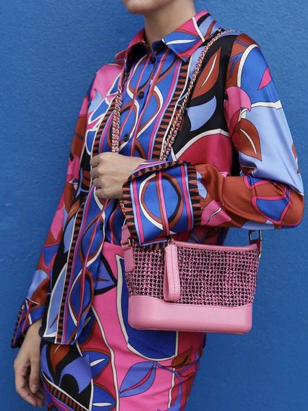 

Geometric Shirt Collar Regular Fit Elegant Blouse, Rose red, Blouses and Shirts