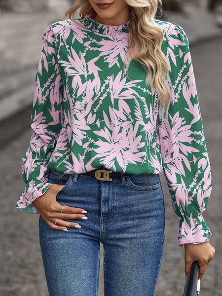 

Elegant Polka Dots Lotus Leaf Collar Tight Blouse, Green, Blouses and Shirts