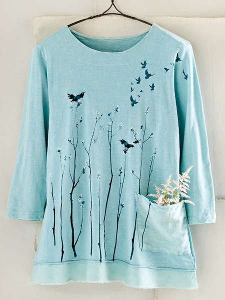 

Plant and Birds Crew Neck Pockets Three Quarter Sleeve Tunic, Blue, Tunics