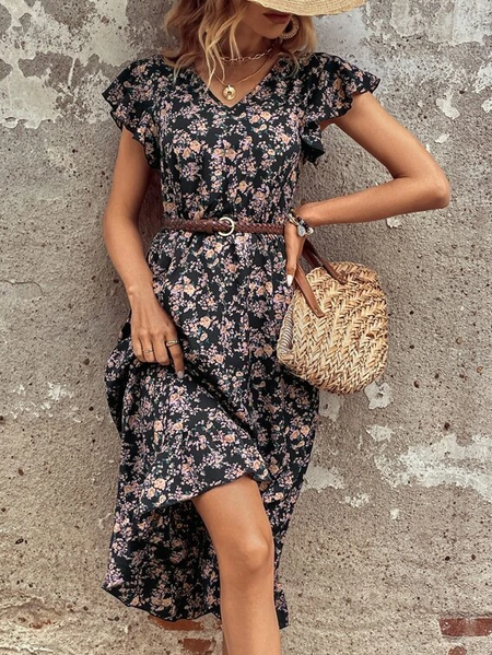 

V Neck Cotton-Blend Floral Casual Dress, Multicolor, Dresses