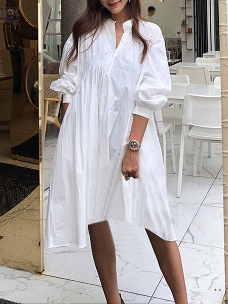 

Long sleeve Elegant Plain Regular Fit Stand Collar Dress, White, Midi Dresses