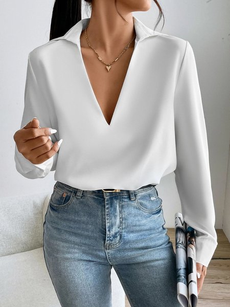 

Shirt Collar Simple Loose Long sleeve Blouse, White, Blouses and Shirts