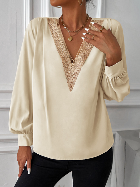 

Plain V Neck Lace Casual Top, Apricot, Shirts & Blouses