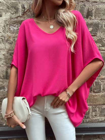 

Casual V Neck Loose Plain Top, Rose red, Tops