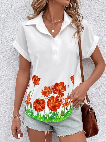 

Loose Shirt Collar Floral Casual Blouse, White, Blouses & Shirts