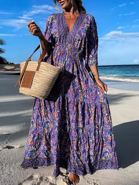 

Vacation V Neck Ethnic Loose Dress, Purple, Dresses