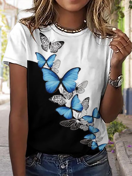 

Women's Simple Loose Butterfly Color Block Crew Neck T-Shirt, Blue, T-shirts