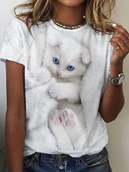 

Women's Funny Cat Simple Loose T-Shirt, White, T-shirts