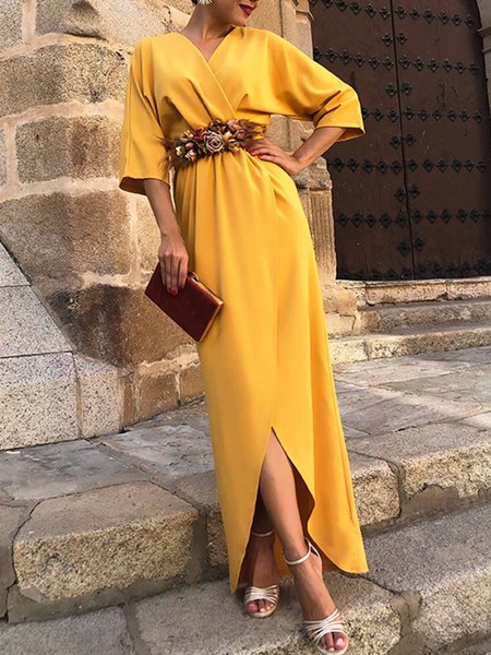 

Plain Regular Fit V Neck Elegant Three Quarter Dress, Yellow, Maxi Dresses