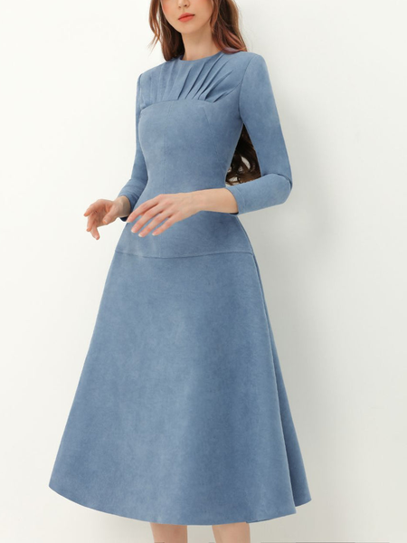 

Plain Velvet Elegant Long Sleeves Dress, Blue, Midi Dresses