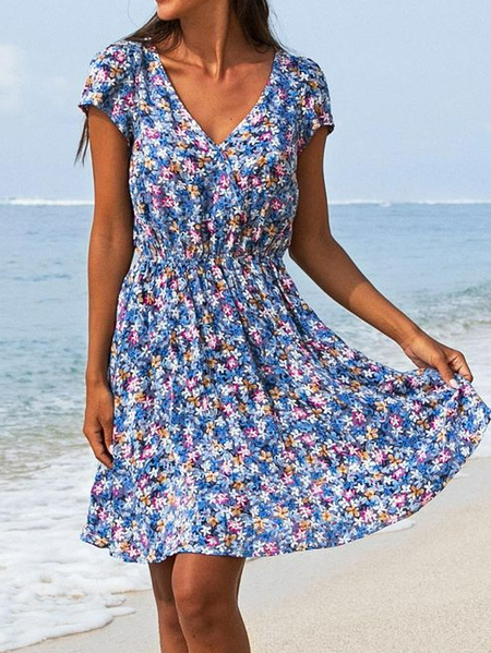 

Floral Casual V Neck Loose Dress, Multicolor, Dresses