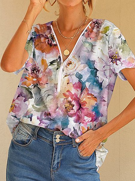 

Loose Casual Floral V Neck Zipper Blouse, Multicolor, Shirts & Blouses