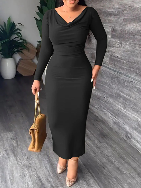 

High Elasticity Tight Plain Elegant Long sleeve Others Long Dress, Black, Maxi Dresses