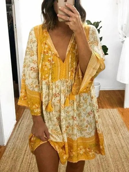

Plus Size V Neck Boho Loose Dress, Yellow, Dresses