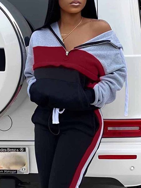

Casual V Neck Loose Color Block Sweatshirt, Red, Hoodies and Sweatshirts