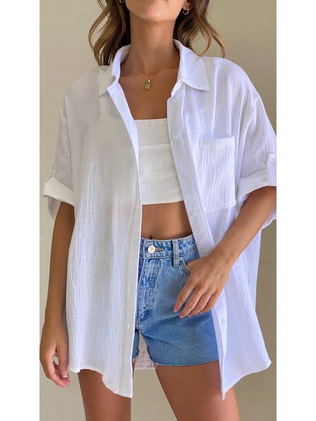 

Loose Shirt Collar Plain Casual Blouse, White, Blouses & Shirts
