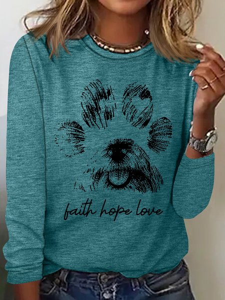 

Women's Faith Paw Print Face Crew Neck Casual Top, Green, Long sleeves