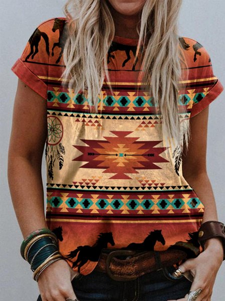 

Crew Neck Casual Ethnic Loose T-Shirt, Multicolor, T-Shirts