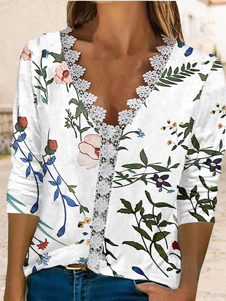

V Neck Floral Casual T-Shirt, Multicolor, Shirts & Blouses