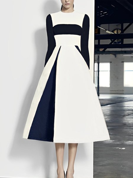 

Elegant Crew Neck Regular Fit Long Sleeve Midi Dress, As picture, Midi Dresses